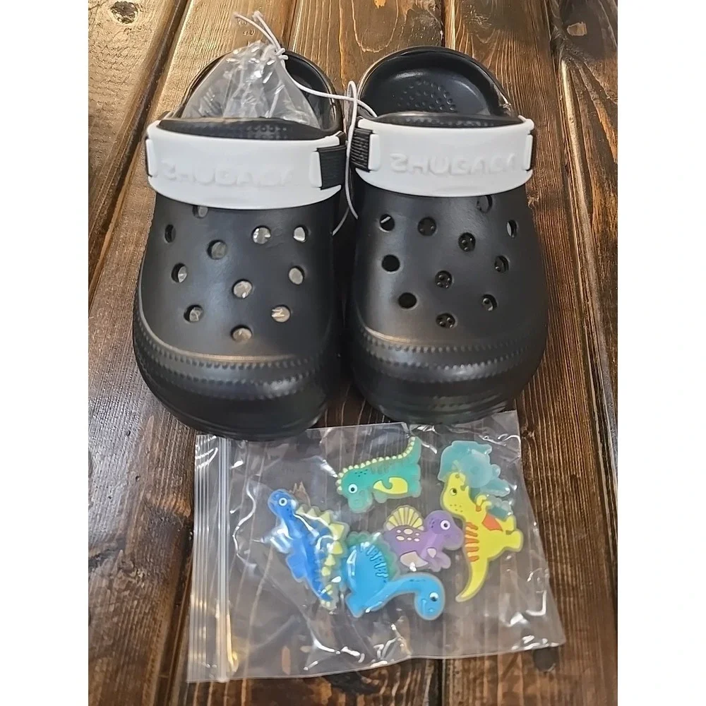 ZHUBABA Kids Two-Tone Black and‎ White Dinosaur Clogs with DIY Charms